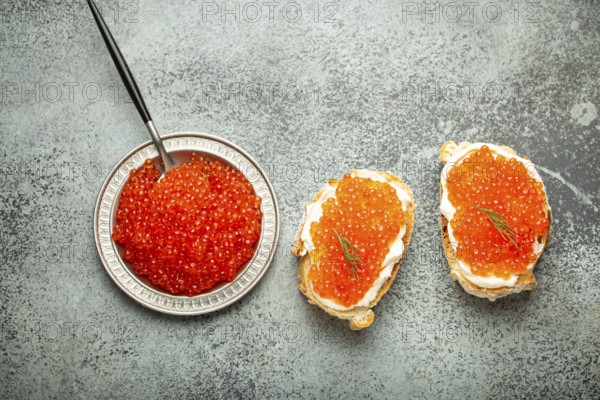 Small metal plate with red salmon caviar and two caviar toasts canape on grey concrete background, festive luxury delicacy and appetizer, food photography, food photography
