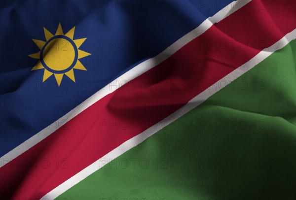 Closeup of Ruffled Namibia Flag, Namibia Flag Blowing in Wind