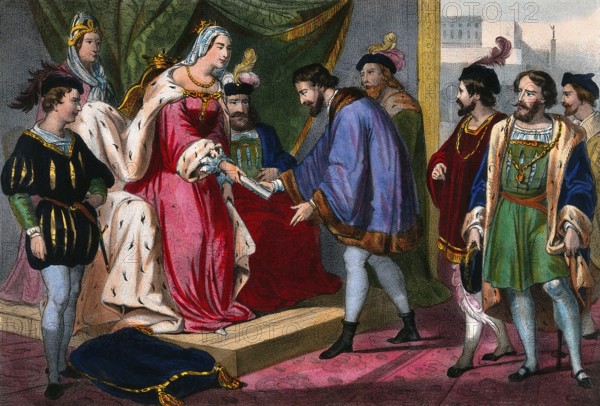 Christopher Columbus standing before King Ferdinand and Queen Isabella on his return to Spain, digitally optimized