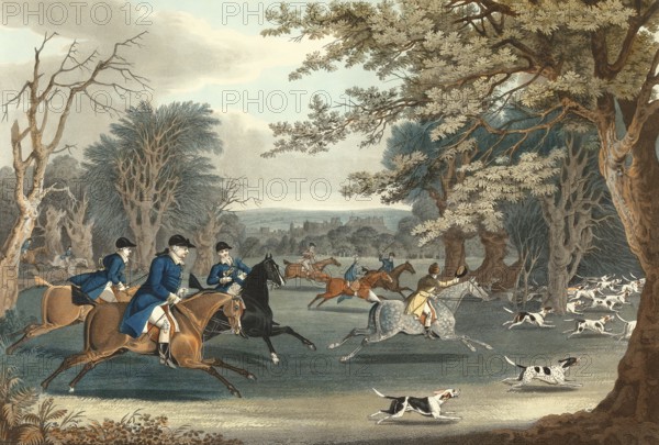 Royal Hunt at Windsor Park, 1820, Windsor Castle, 1831, royal residence at Windsor, Berkshire, England, UK, after James Pollard