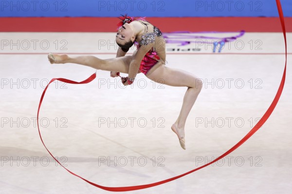 Sofia, Bulgaria - 27 March, 2021:Adi Asya Katz of Israel performs during the individual Ribbon qualifications at the 2021 Rhythmic Gymnastics Sofia World Cup, Sofia, Bulgaria, Europe