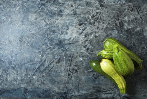Vegetables on the background. Fresh vegetables (cucumbers, tomatoes, onions, garlic, dill, green beans) on a gray background. Top view. Copy space