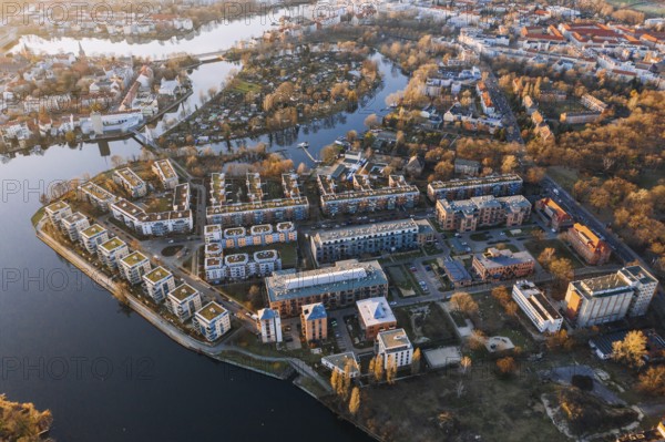 Wideangle aerial sunset drone photo of Kopenick Berlin, Germany Kuresnick and Filmlager Kodak areal