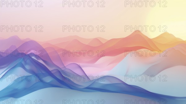 Abstract mountain landscape with colorful, gradient hues ranging from blue to pink, creating a serene atmosphere
