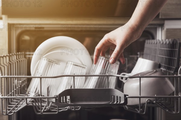 Female hand loading dished, empty out or unloading dishwasher with utensils. Kitchen appliances, lifestyle view. Woman puts a plate in the dishwasher or takes from it. Housewife does her housework