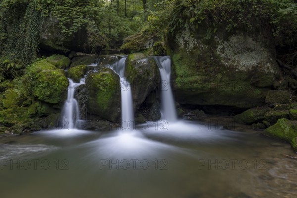Cascade shooting pond, waterfall under small pedestrian bridge, Mullerthal Trail, Waldbillig, Luxembourg, Europe