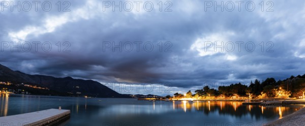 Morning atmosphere in front of sunrise at the sea, jetty in the blue hour in the morning, long exposure, Bay of Srebreno, Srebreno, Dalmatia, Croatia, Europe