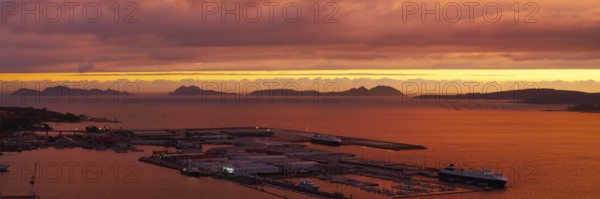 Vigo skyline and port sunset in Galicia of Spain