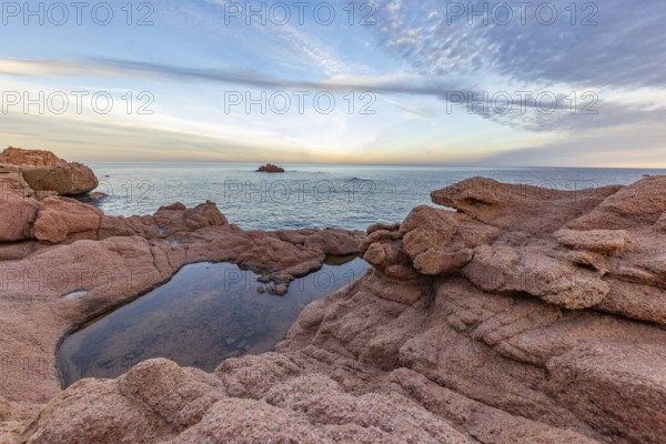 Coastal landscape with bizarre red rocks and sea view, Spiaggia di Cala E'Luas, Ogliastra, Sardinia, Italy, Europe