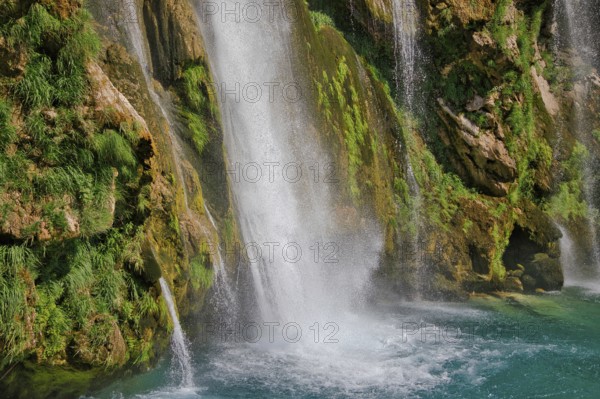 Close-up of waterfall with lush vegetation and wet moss, Topoljski Buk Kovacic Dalmatia Croatia
