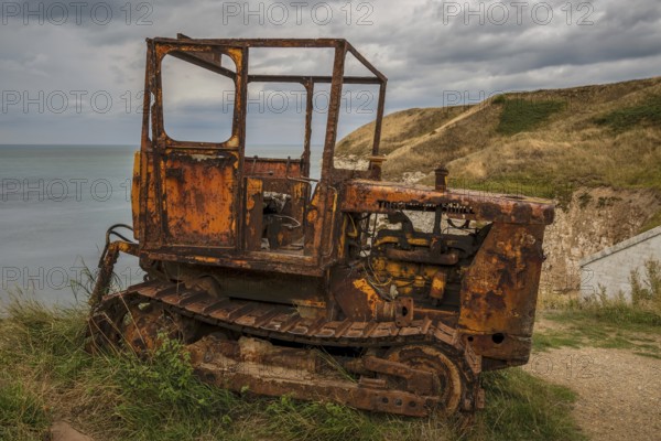 Flamborough, East Riding of Yorkshire, England, UK, September 14, 2018: An old rusty crawler on the cliffs of Flamborough North Landing