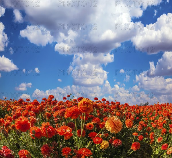 The kibbutz in the south of Israel. Clouds over field of luxury garden buttercups. Concept of rural tourism