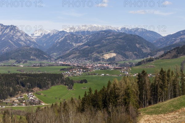 View of the Eisenerz Alps, in the valley the village of Trofaiach, Styria, Austria, Europe