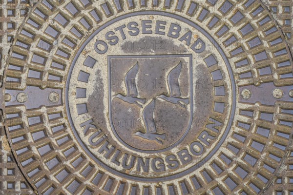 Gully cover with coat of arms 3 seagulls, Kühlungsborn, district of Rostock, Mecklenburg-Western Pomerania, Germany, Europe