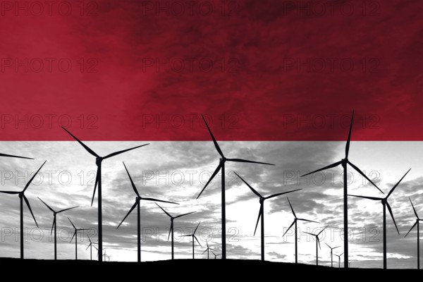 Monaco flag wind farm at sunset, sustainable development, renewable energy Wind Turbines