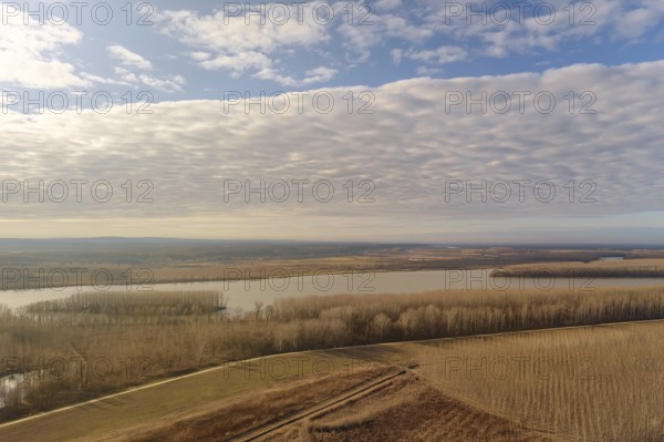 Aerial view the river on Autumn forest plain