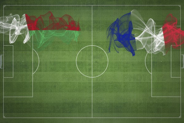 Madagascar vs France Soccer Match, national colors, national flags, soccer field, football game, Competition concept, Copy space