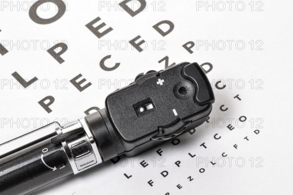 The ophthalmoscope is located on an eye test, with a white background