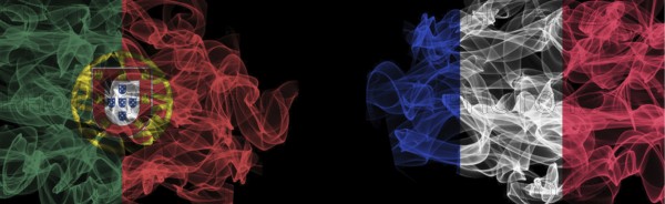 Flags of Portugal and France on Black background, Portugal vs France Smoke Flags
