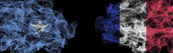 Flags of Somalia and France on Black background, Somalia vs France Smoke Flags