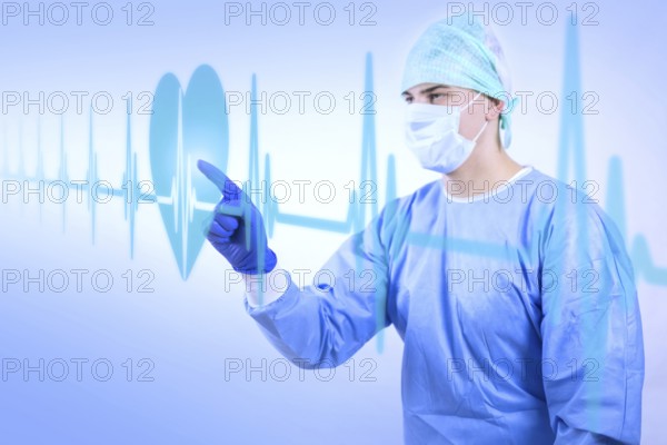 Surgeon doctor in sterile gloves preparing for operation in hospital looking at virtual hologram display showing heart beat rate