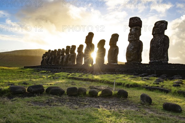 Easter island landscape. Ahu Tongariki. Panoramic view Papa nui