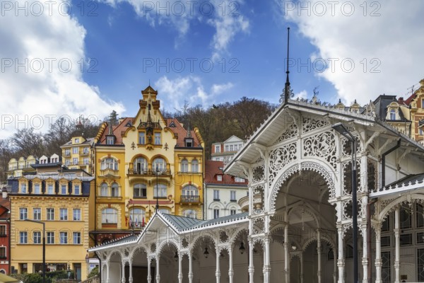 View of city centre of Karlovy Vary with Market Colonnade, Czech republic
