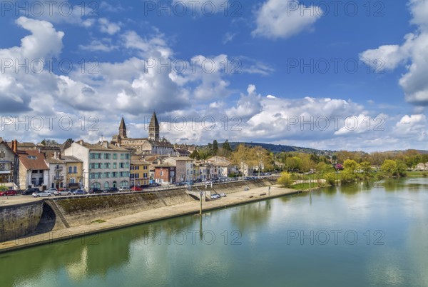 View of Tournus with abbey fron Saone river, France, Europe
