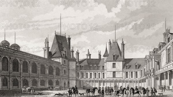 The Oval Courtyard, Château de Fontainebleau, near Paris, antique steel engraved print, 1831