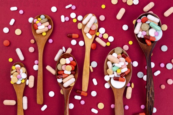 Different colorful pills and capsules in wooden spoons. Global pharmaceutical industry for billions dollars per year. Pharmaceutical drugs. Isolated on a red background with pills and capsules