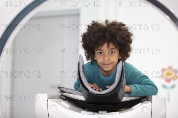 Belarus, city of Gomil, May 31, 2021. A child lies in an MRI machine. A boy in a magnetic resonance imaging machine in a hospital, Europe
