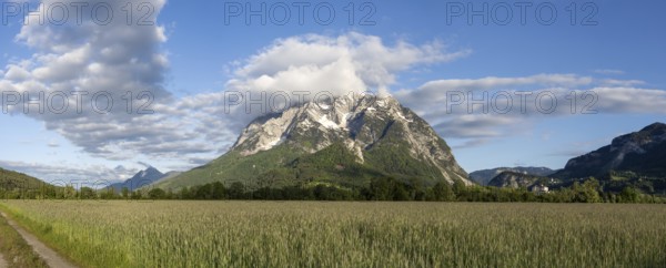 Cloudy mood over mountain peak, Grimming, panoramic shot, near Irdning, Styria, Austria, Europe