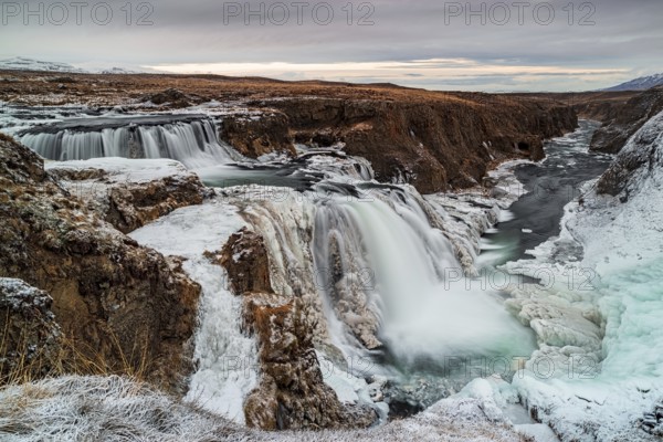 Panoramic view of Reykjafoss waterfall. Varmahlid river in Northern Iceland in winter