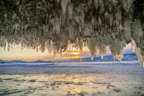 View of sunset at Lake Baikal, Russia in winter