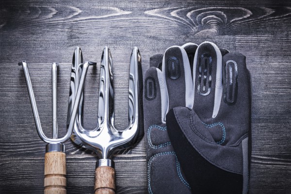 Stainless rake trowel fork protective gloves gardening concept