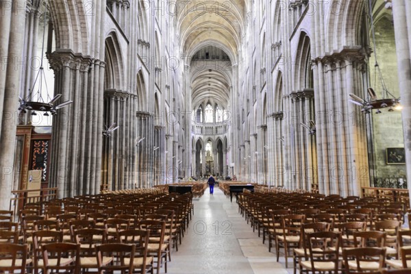 Rouen Cathedral, Rouen, Département Seine-Maritime, Region Haute-Normandie, France, Europe, Impressive interior of a Gothic cathedral with high rows of columns and pews, Seine-Maritime, Haute-Normandie, Europe