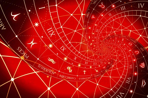 Zodiac Signs Horoscope background. Concept for fantasy and mystery, red