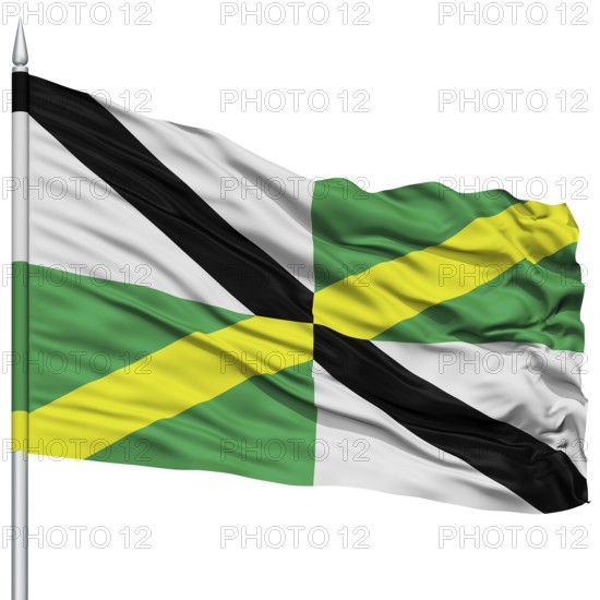 Monterey City Flag on Flagpole, California State, Flying in the Wind, Isolated on White Background