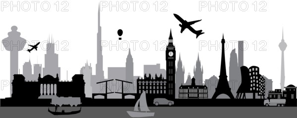World skyline with architecture from around the globe as the big ben in london, the opera house sydney, soms canal houses amsterdam a mosk and the eifel tower paris