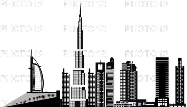 Illustration of the dubai city skyline with landmarks as the burj al arab hotel and the burj khalifa the highest building in the world