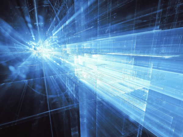 Blue future technology or science fiction background. Abstract computer-generated image. Fractal geometry: chaos blocks and burst with rays. For web design, desktop wallpaper, covers