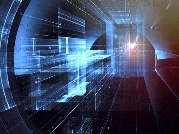 Blue technology portal or tunnel - abstract computer generated 3d illustration. Information technology or sci-fi background. For web design, banners, posters