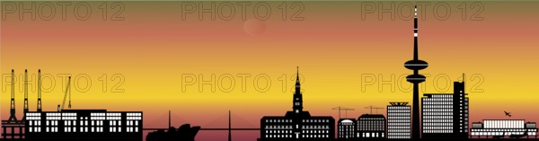 Illustration of hamburg city skyline in germany with the industry, harbor with ship and boat and the airport with airplanes and architecture isolated on white background in the evening sunset