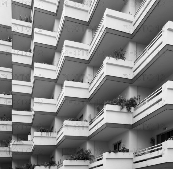 Monochrome image of repeating balconies on large modern concrete apartment building with house plants