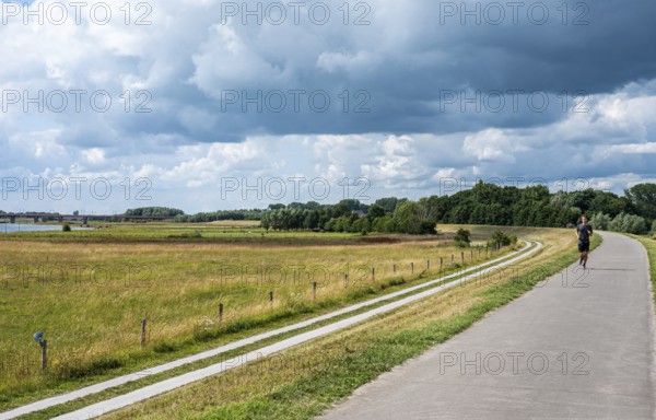 Zwolle, Overijssel, The Netherlands, 07 15 2022, Bicycle path at the dike of the River Ijssel flood zone surrounded by green fields and trees, Europe