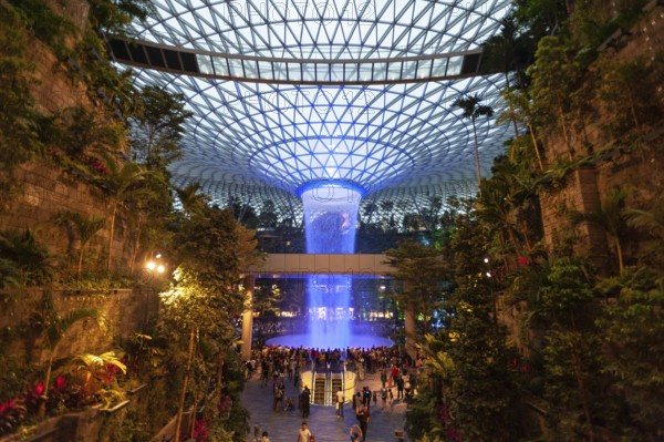 28.04.2019, Singapore, Republic of Singapore, Asia, View of the new Jewel Terminal with waterfall and Forest Valley at Changi International Airport. The design was created by the architecture firm Moshe Safdie, Asia