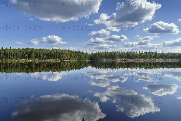 Landscape with a symmetrical reflection on the Vyg river (part of the White Sea-Baltic Canal), Russia, Europe