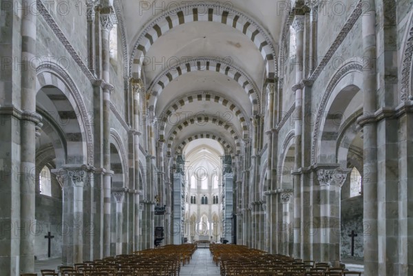 Vezelay Abbey is a Benedictine and Cluniac monastery in Vezelay, department of Yonne, France. Interior, nave