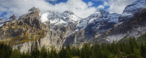 Swiss Alps banner mountain view of alpine as snow-capped mount peaks and pine trees background, Switzerland, Europe