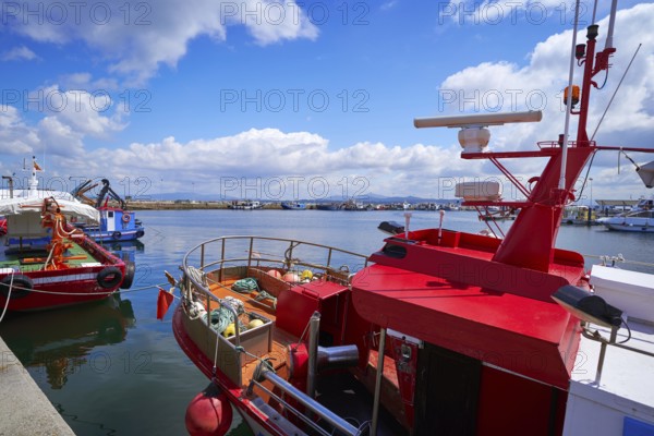 O Grove Ogrove port with fishing boats of Arosa river in Pontevedra of Galicia Spain